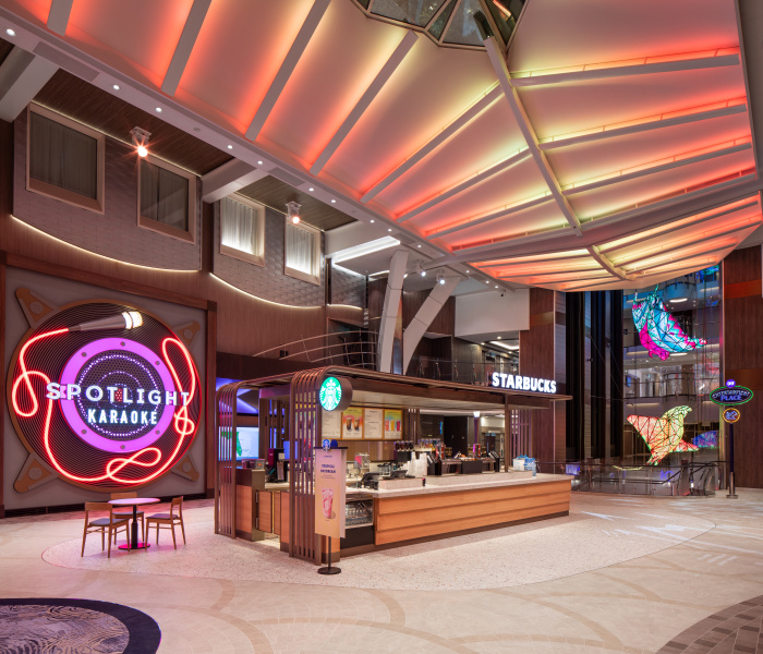 Lined with a combination of restaurants, bars and lounges, including the lively Caribbean tiki bar, Pesky Parrot; Boleros; and Starbucks, the vibrant Royal Promenade on Royal Caribbean’s Utopia of the Seas is where vacationers can celebrate and make memories day and night. 