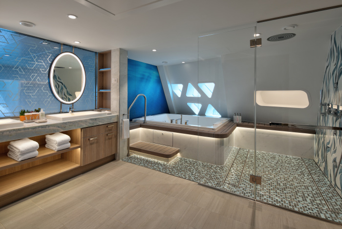 The luxe Royal Loft Suite is one of 20-plus types of rooms on Royal Caribbean’s Utopia of the Seas. A group of six friends can find their “me time” and unwind in the master loft, the spacious bathroom’s new spa tub, an expansive living area, a private balcony with a whirlpool, TV and sweeping ocean views, and more. 