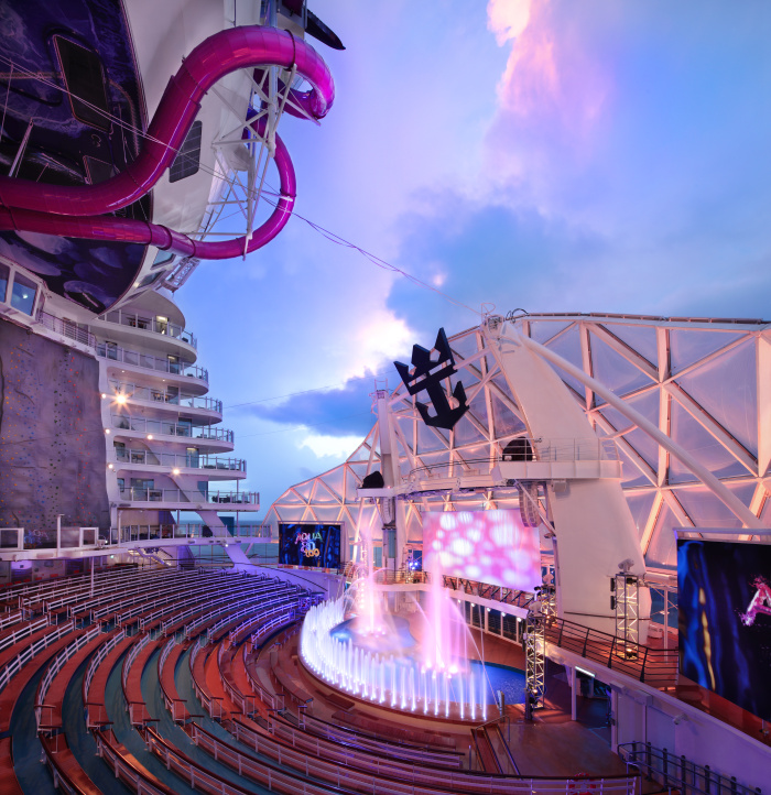 Royal Caribbean’s signature AquaTheater on Utopia of the Seas features breathtaking ocean views and deck-defying aqua performances, including high diving, slacklining and acrobatics.