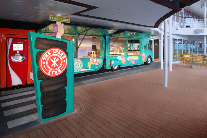 The Spare Tire food truck on Royal Caribbean’s Utopia of the Seas makes its debut alongside the resort-style pools at the center of the celebrations. The laidback spot serves up handheld bites that vacationers can conveniently pick up to refuel as they enjoy their pool days nonstop.